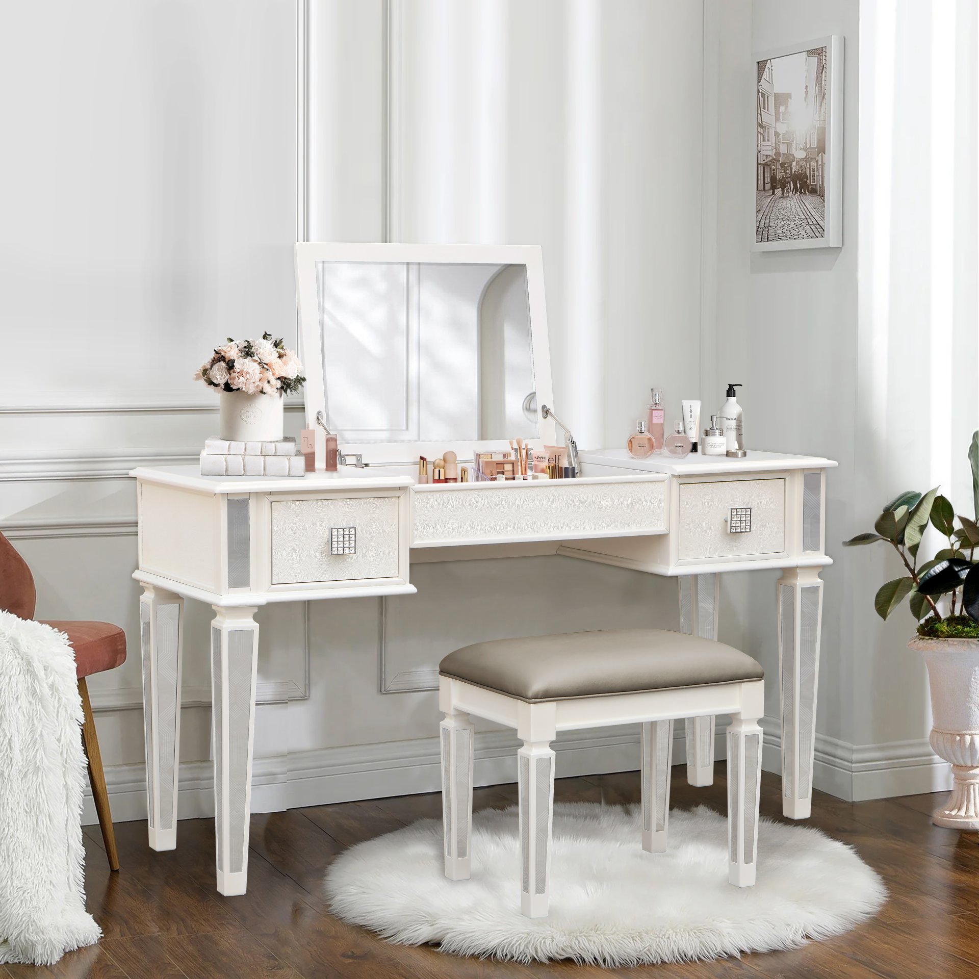 Elegant Mirrored Vanity Desk Set With Drawers And Flip Up Mirror, Silver Finish, Glass And Wood - White - Image 4