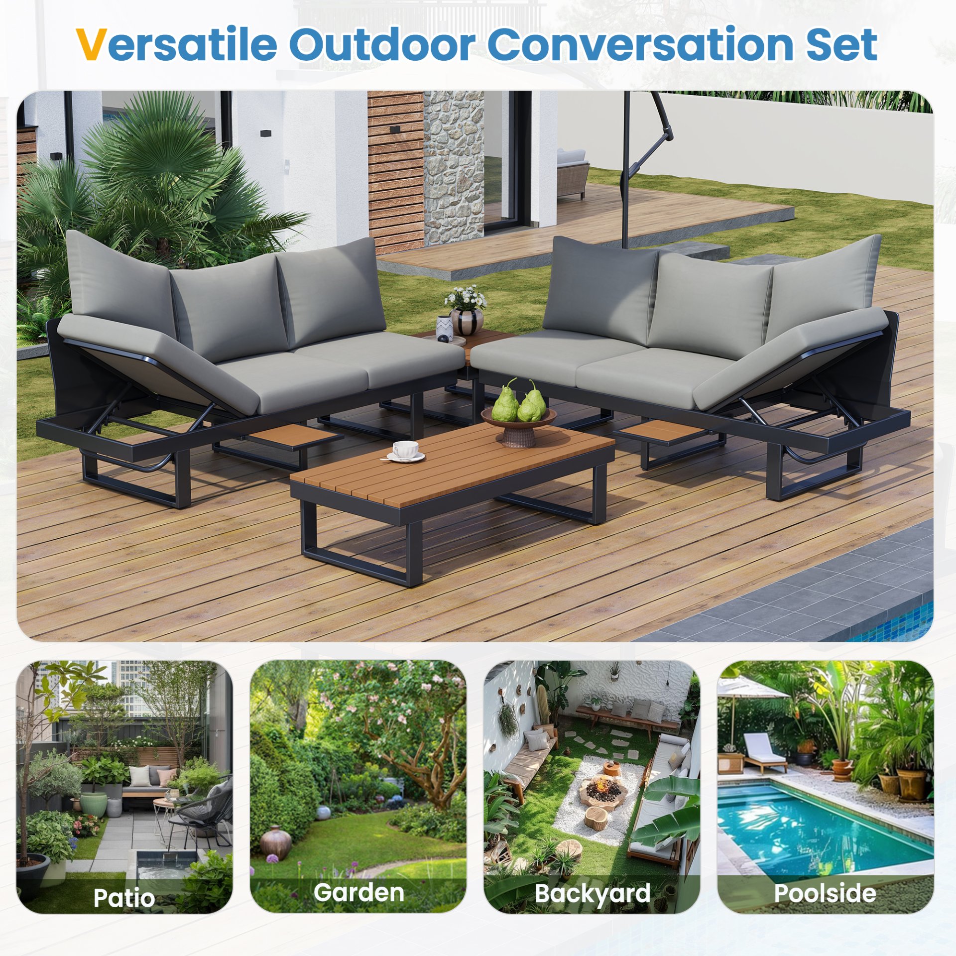 Outdoor Sectional Sofa Set With Adjustable Reclining Seats - Gray - Image 11