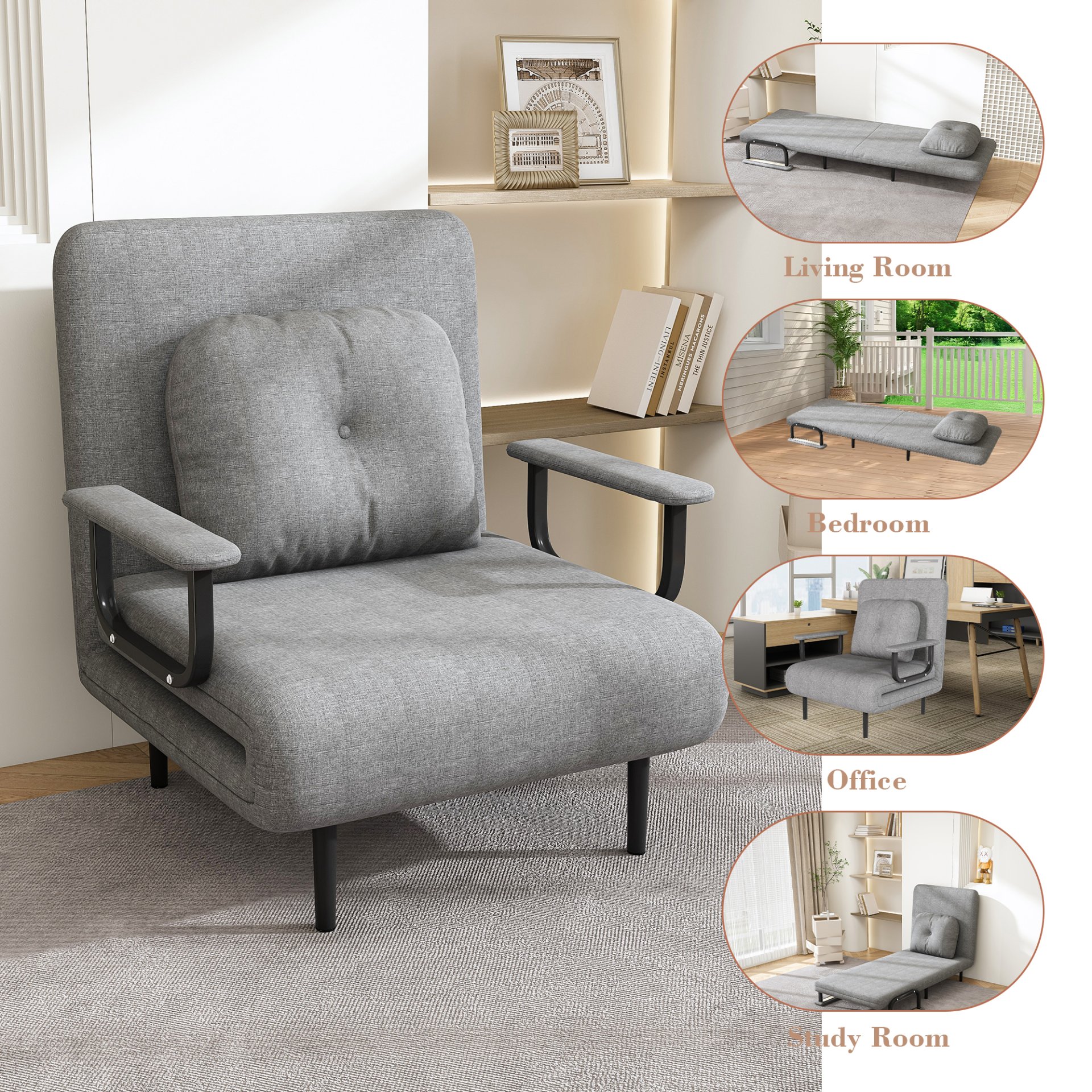 Folding Sofa Bed 5 In 1 Convertible Chair With Adjustable Backrest And Pillow Flannelette - Gray - Image 17