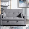 Linen Fabric 3-In-1 Convertible Sleeper Loveseat With Side Pocket - Light Gray - Image 2
