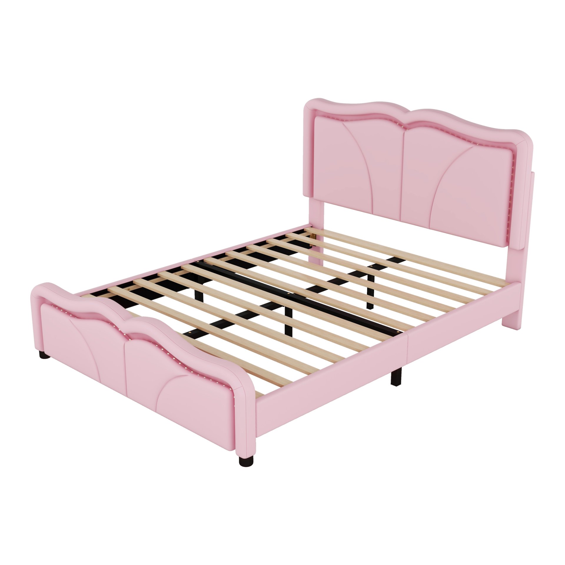 Full Size Upholstered Platform Bed With Curve Shaped And Height Adjustable Headboard, LED Light Strips - Pink - Image 9