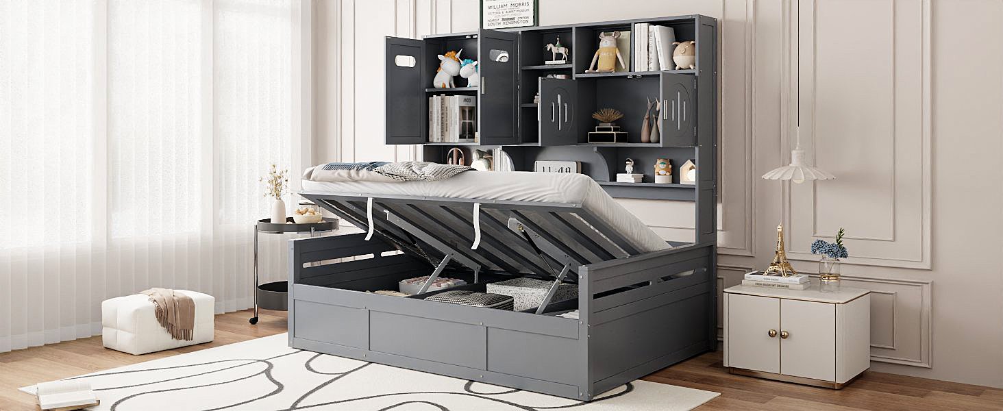 Full Size Wooden Daybed With Hydraulic Bed And All In One Cabinet And Shelf - Gray - Image 16