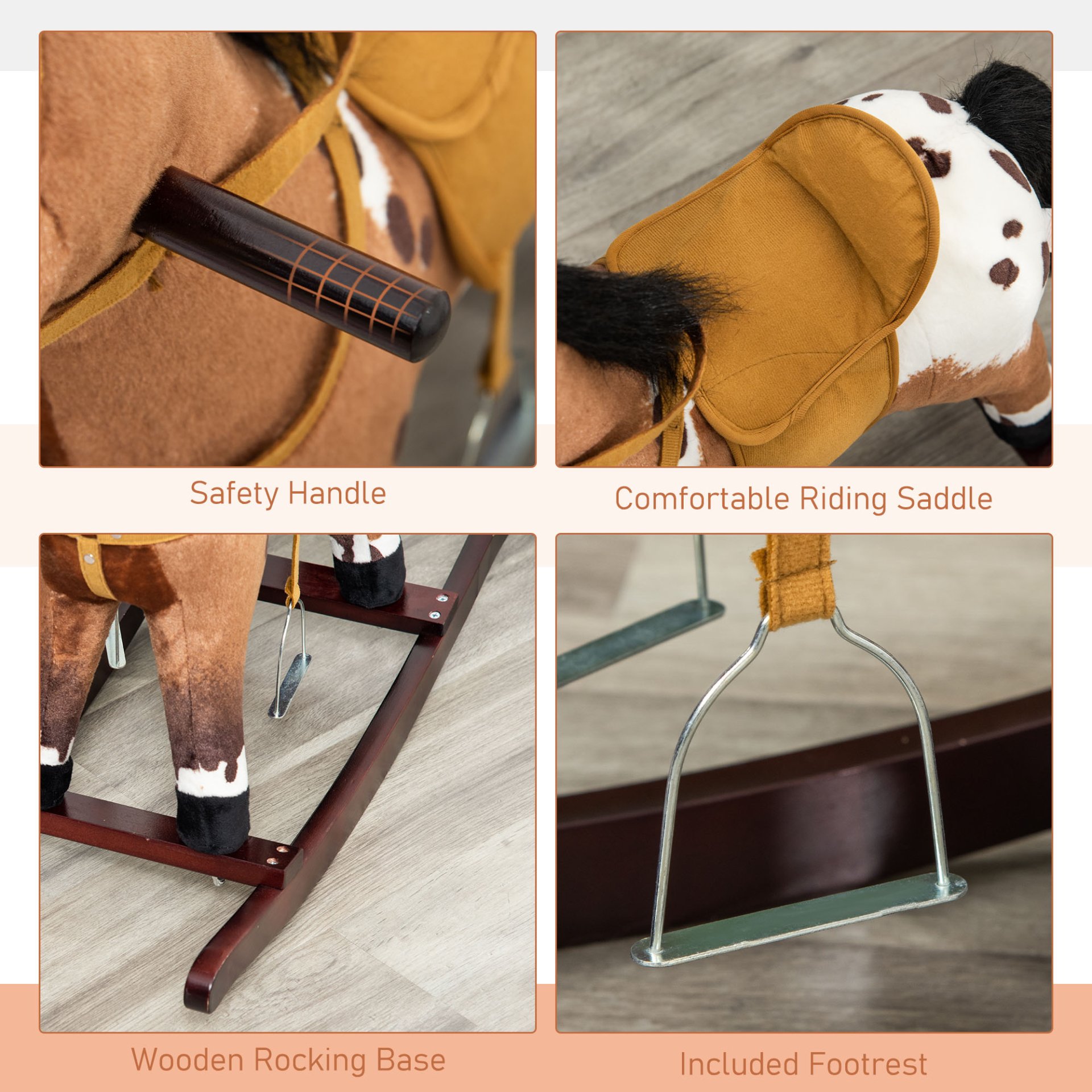 Qaba - Kids Metal Plush Ride-On Rocking Horse Chair Toy With Realistic Sounds - Dark Brown / White - Image 7