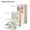 Side Wide Folding Wardrobe, With Magnetic Door, Plastic Storage Cabinet With Wheels (1 Layer Of Wardrobe + 2 Layers Of Folding Boxes + 10 Hangers) - Cream White - Image 2