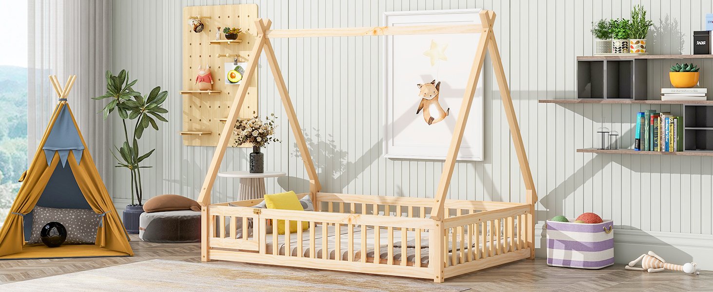Full Tent-Shaped Floor Bed, With Guardrails, Slats, Door - Natural - Image 7
