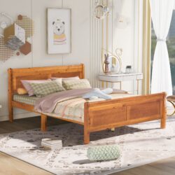 Queen Size Platform Bed With Headboard And Slat Support - Oak