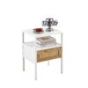 Rattan End Table With Power Outlet & USB Ports, Modern Nightstand With Drawer And Metal Legs, Side Table For Living Room, Bedroom - White - Image 5