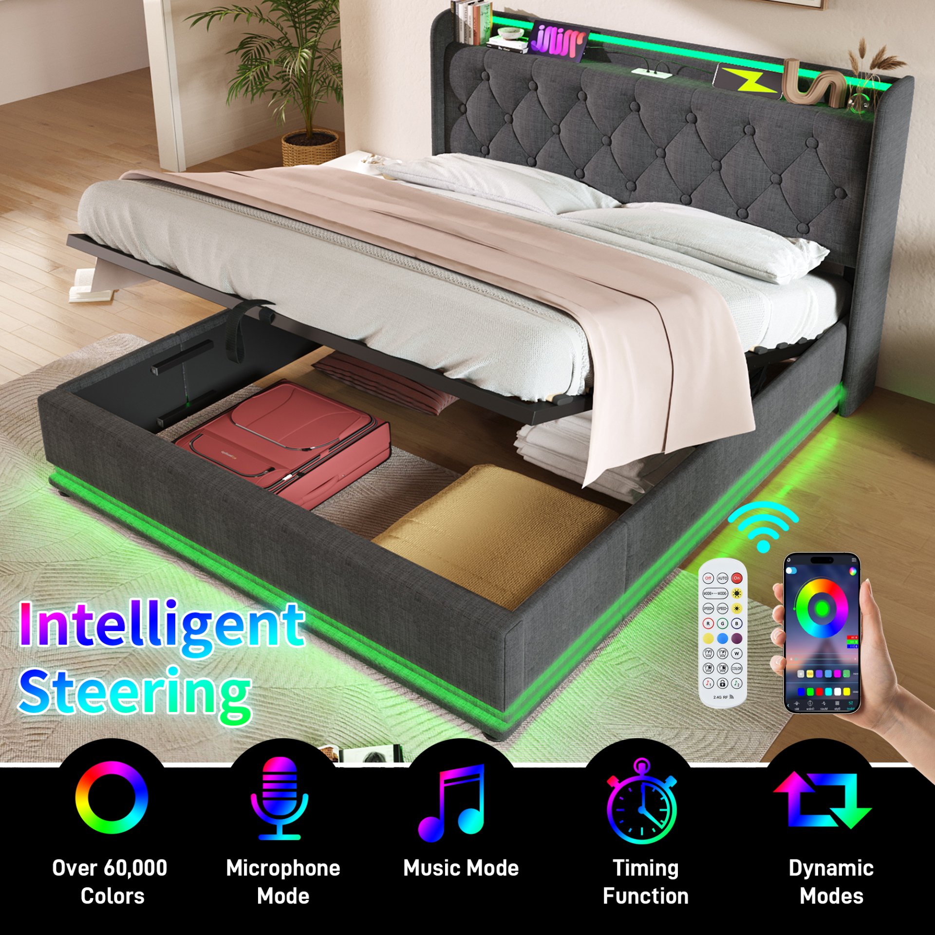 King Size Upholstered Bed, 360 Surround LED Function, Buttons / Apps / Remote Control, Hydraulic Storage Bed With USB Type-C Charging (Without Mattress) - Gray - Image 4
