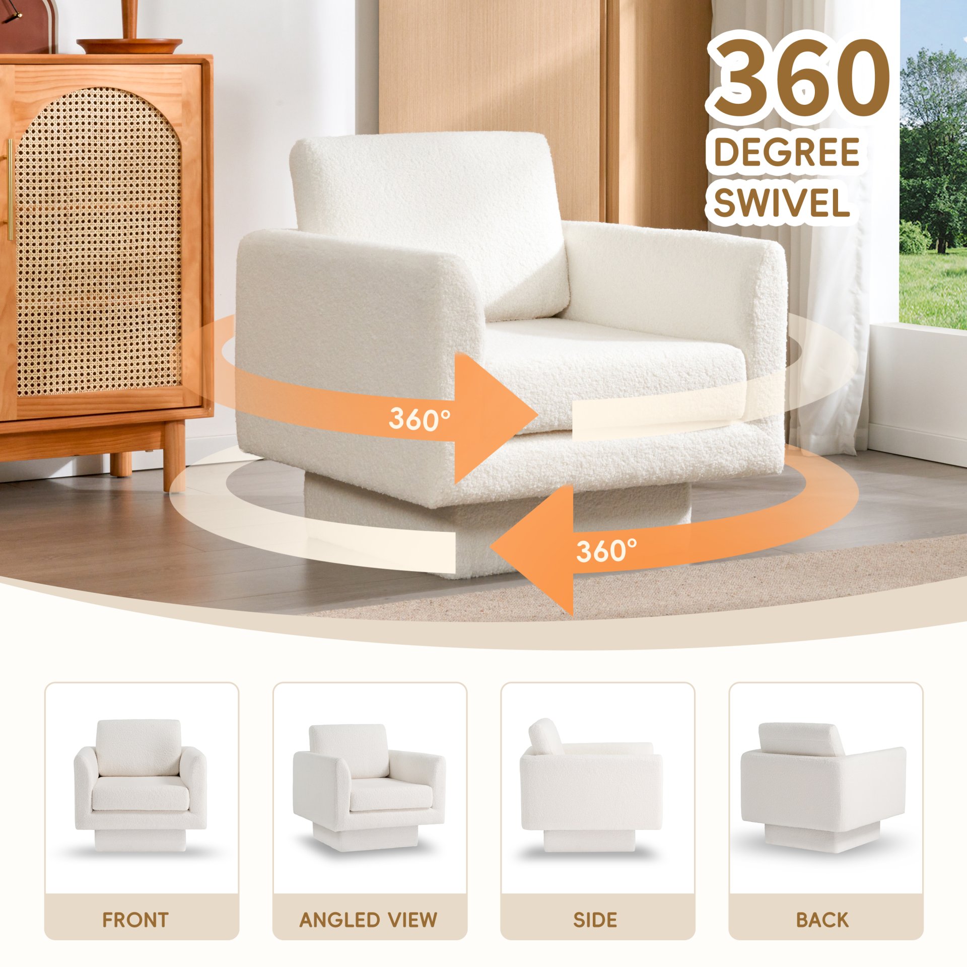 360° Modern Swivel Accent Chair Round Armchair, Thick Padded Single Lounge Sofa Upholstered Comfy - Cream - Image 4