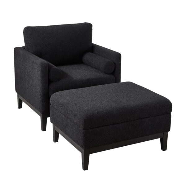 Farmhouse Upholstered Accent Chair With Ottoman Wood Base, Reversible Lid Coffee Table For Living Room Or Office - Black