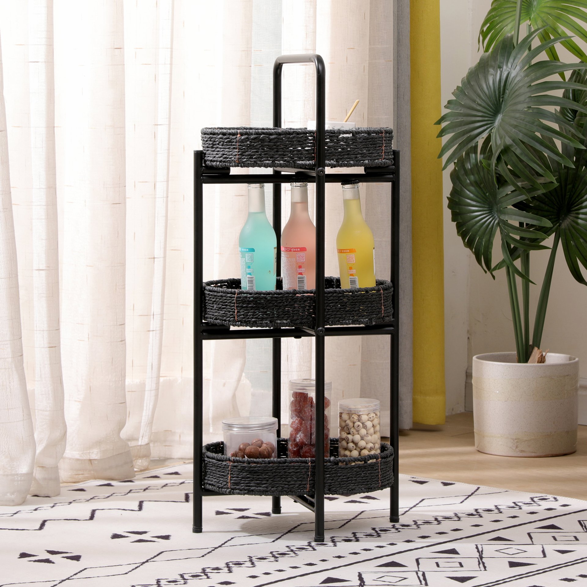 Modern 3 Tier Handwoven Side Table With Oval Organizer In Metal And Paper Rope - Black - Image 7