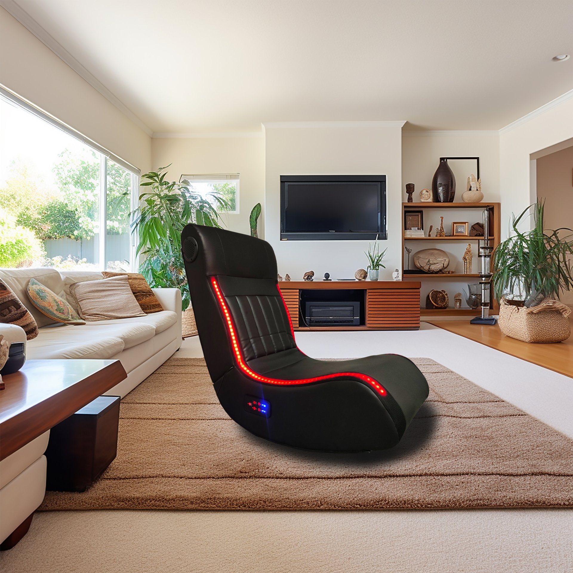 Foldable Gaming Chair With Onboard Speakers, LED Strip Lighting, Bluetooth, Vibration Massage, USB Charging Port - Black - Image 5