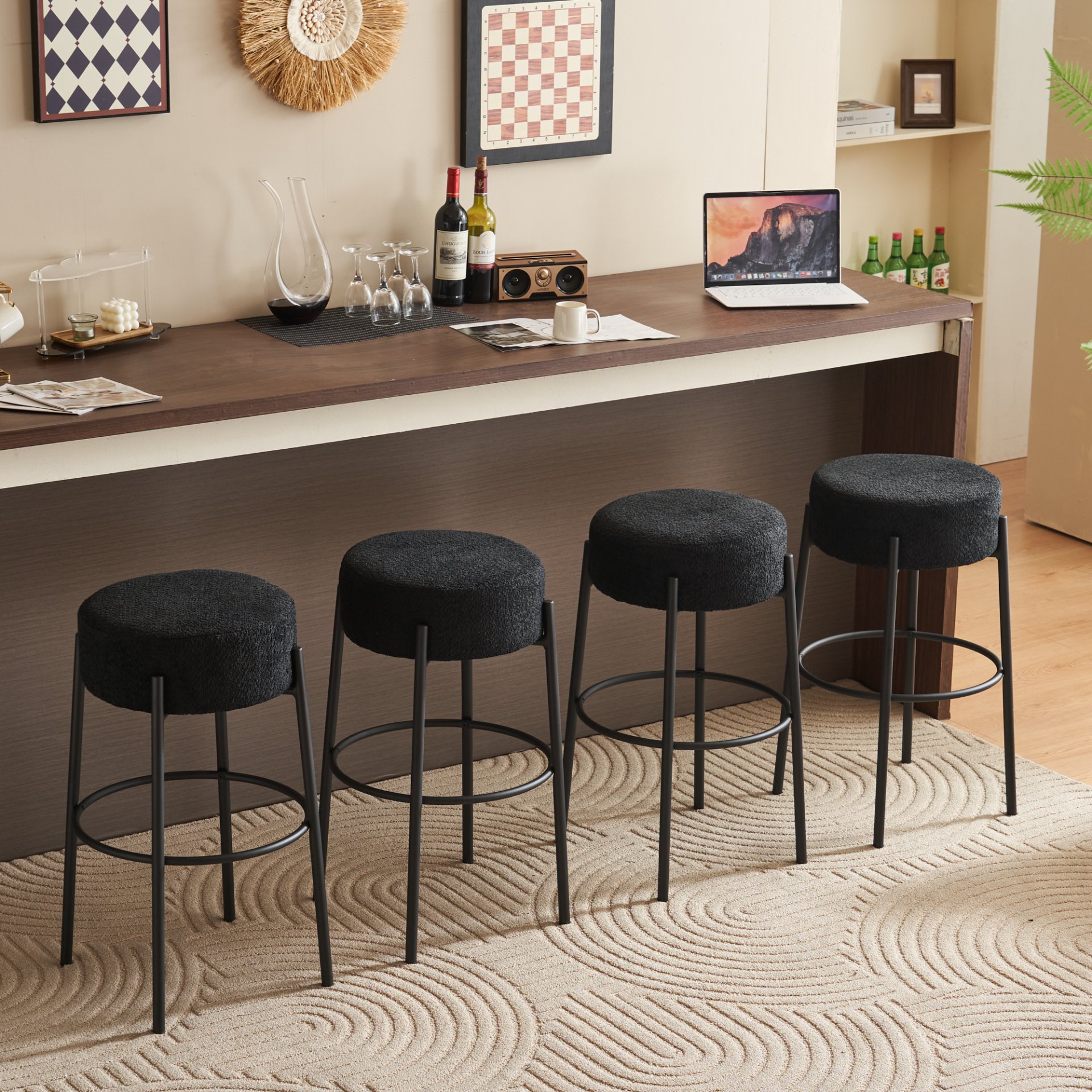 Round High Bar Stools (Set of 2), Contemporary Upholstered Dining Stools For Kitchens, Coffee Shops And Bar Stores - Black - Image 5