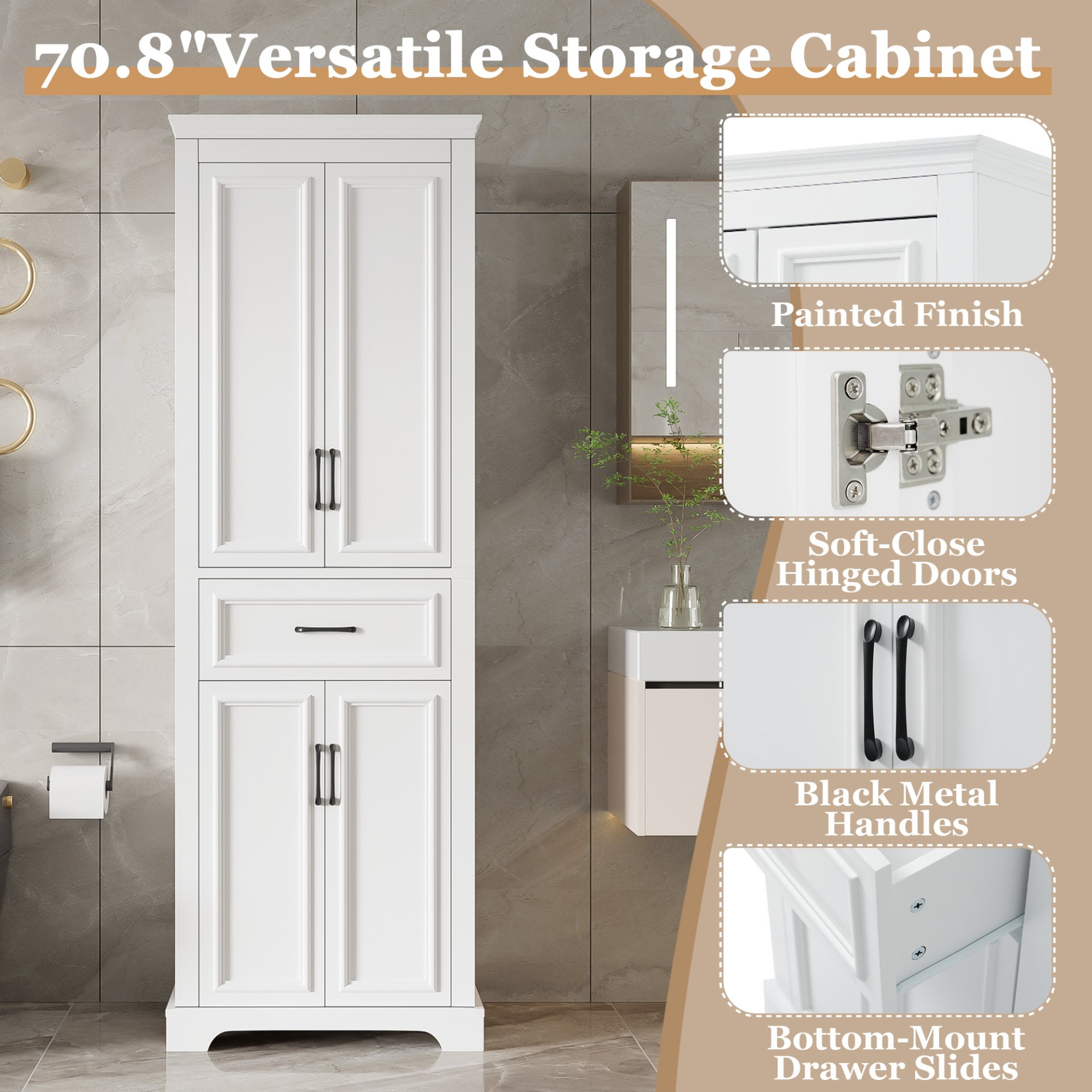 Freestanding Bathroom Vanity, Elegant Design With 4 Doors & 1 Drawer, Adjustable Shelves, Damping Hinges - White - Image 6