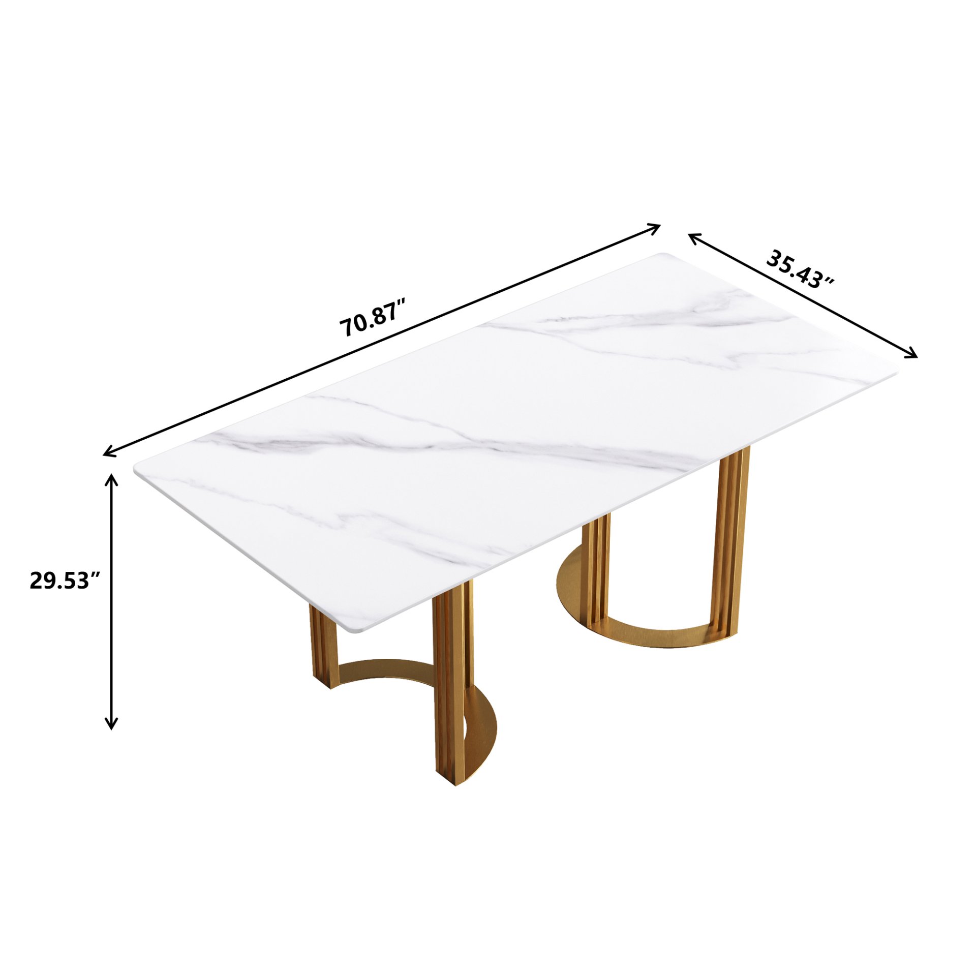 70.87" Modern Artificial Stone White Straight Edge Golden Metal Leg Dining Table, Can Accommodate 6-8 People - White / Gold - Image 3
