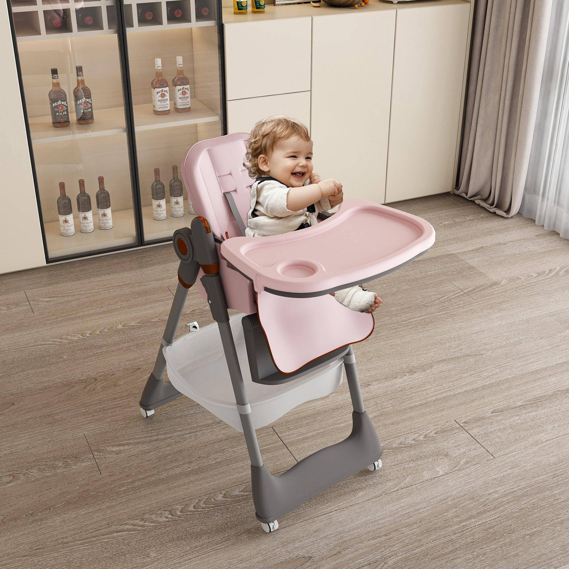 Adjustable Baby High Chair 0 - 6 Years, Portable Infant Feeding Seat With Safety Belt, Silent Lockable Wheels - Pink - Image 8
