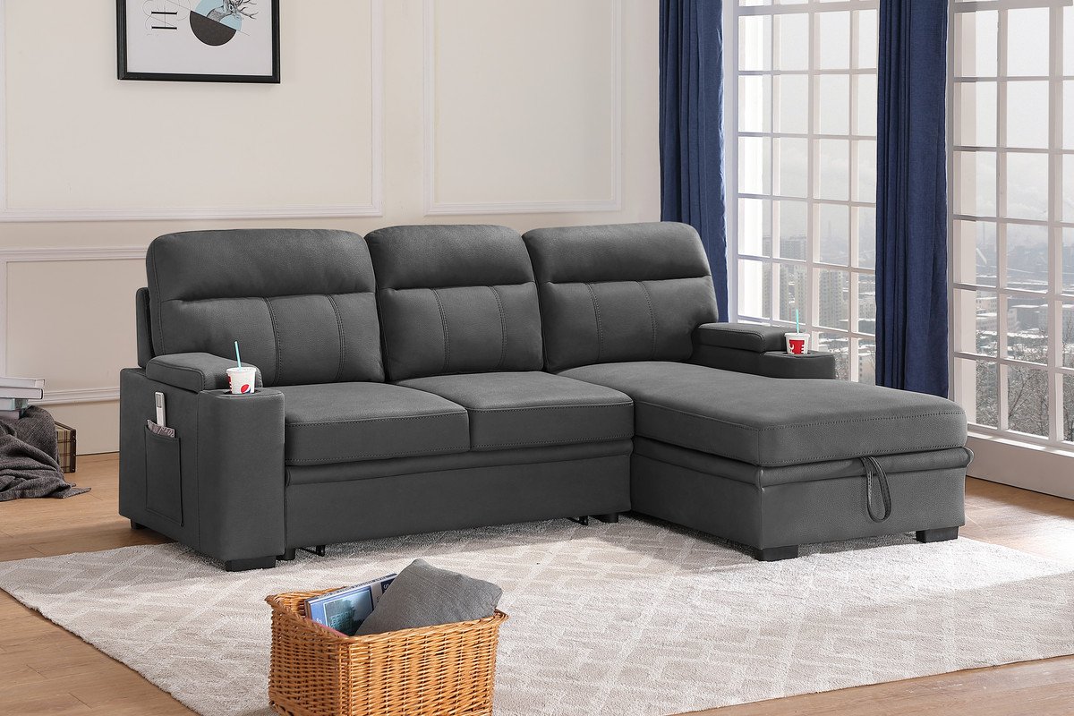 Kaden - Sleeper Sectional Sofa Chaise With Storage Arms And Cupholder - Gray - Image 2