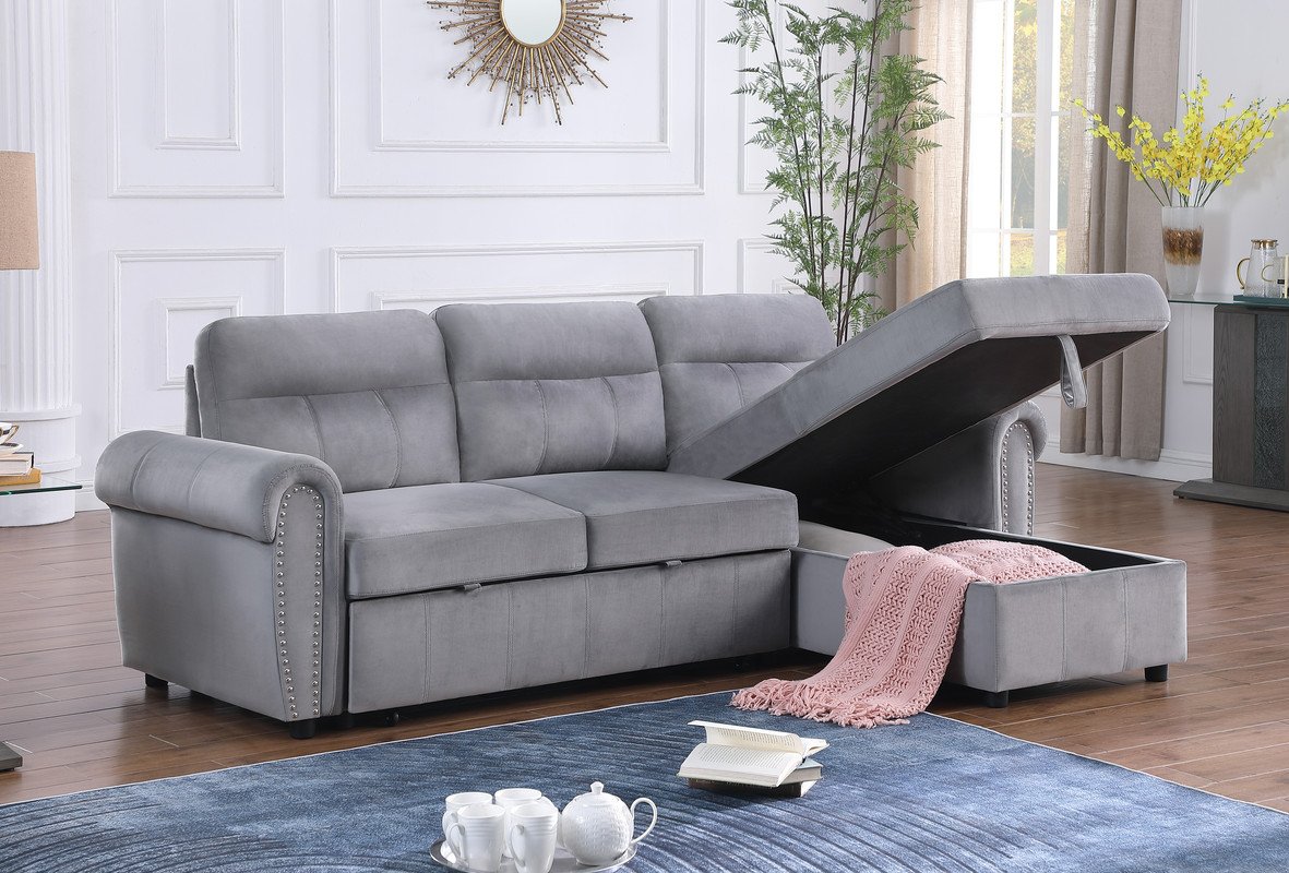 Ashton - Velvet Fabric Reversible Sleeper Sectional Sofa Chaise - Gray - Image 9