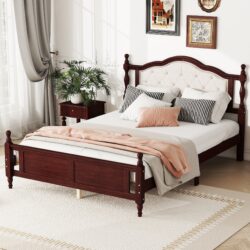 Queen Pine Wooden Bed With Upholstered Headboard And Panel Footboard, With Two Bed Rail Support Feet And Central Platform Support Feet, Classic - Cherry