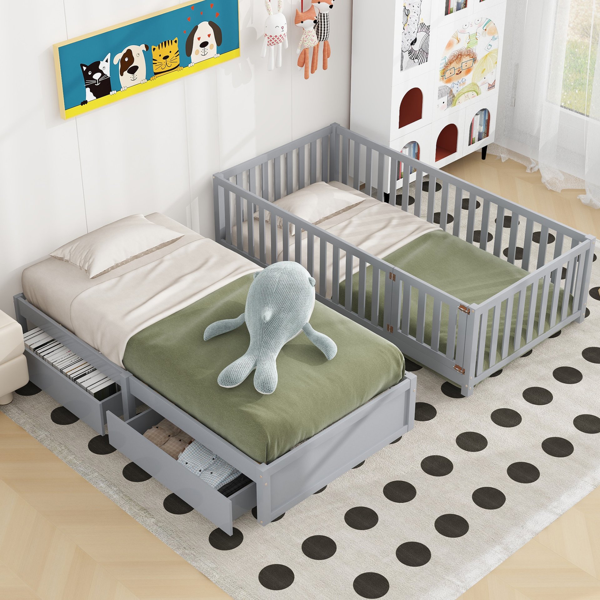 Twin Size Daybed With Fence Guardrails And 2 Drawers, Split Into Independent Floor Bed & Daybed - Gray - Image 5