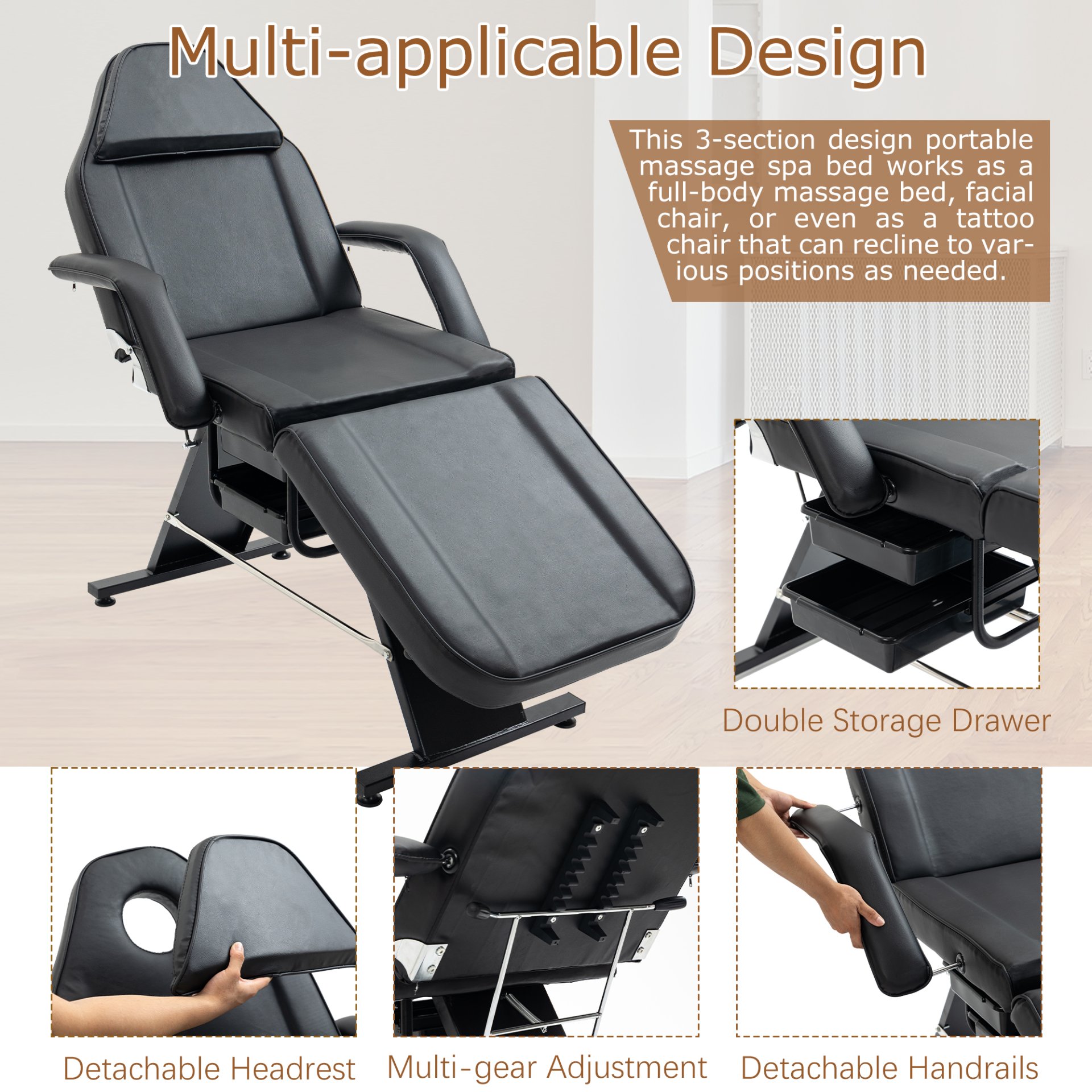 Massage Salon Tattoo Chair With Two Trays Esthetician Bed With Hydraulic Stool, Multi-Purpose 3-Section Facial Bed Table, Adjustable Beauty Barber Spa Beauty Equipment - Black - Image 6