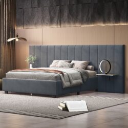 Full Size Upholstered Platform Bed With Big Headboard - Gray