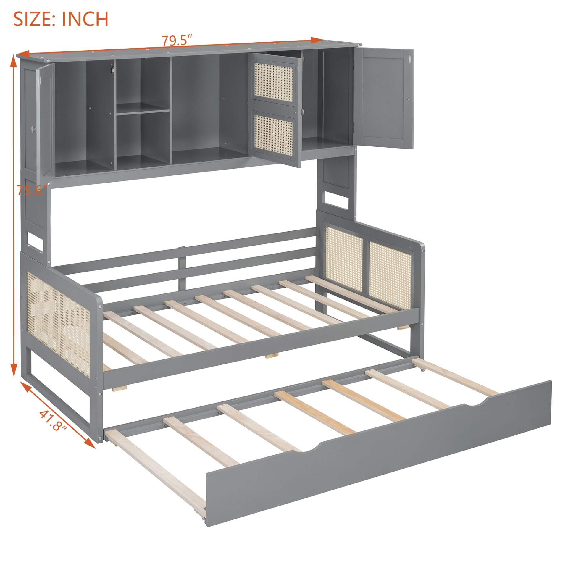 Twin Size Wooden Daybed With Twin Size Trundle, And All In One Cabinet And Shelf - Gray - Image 14