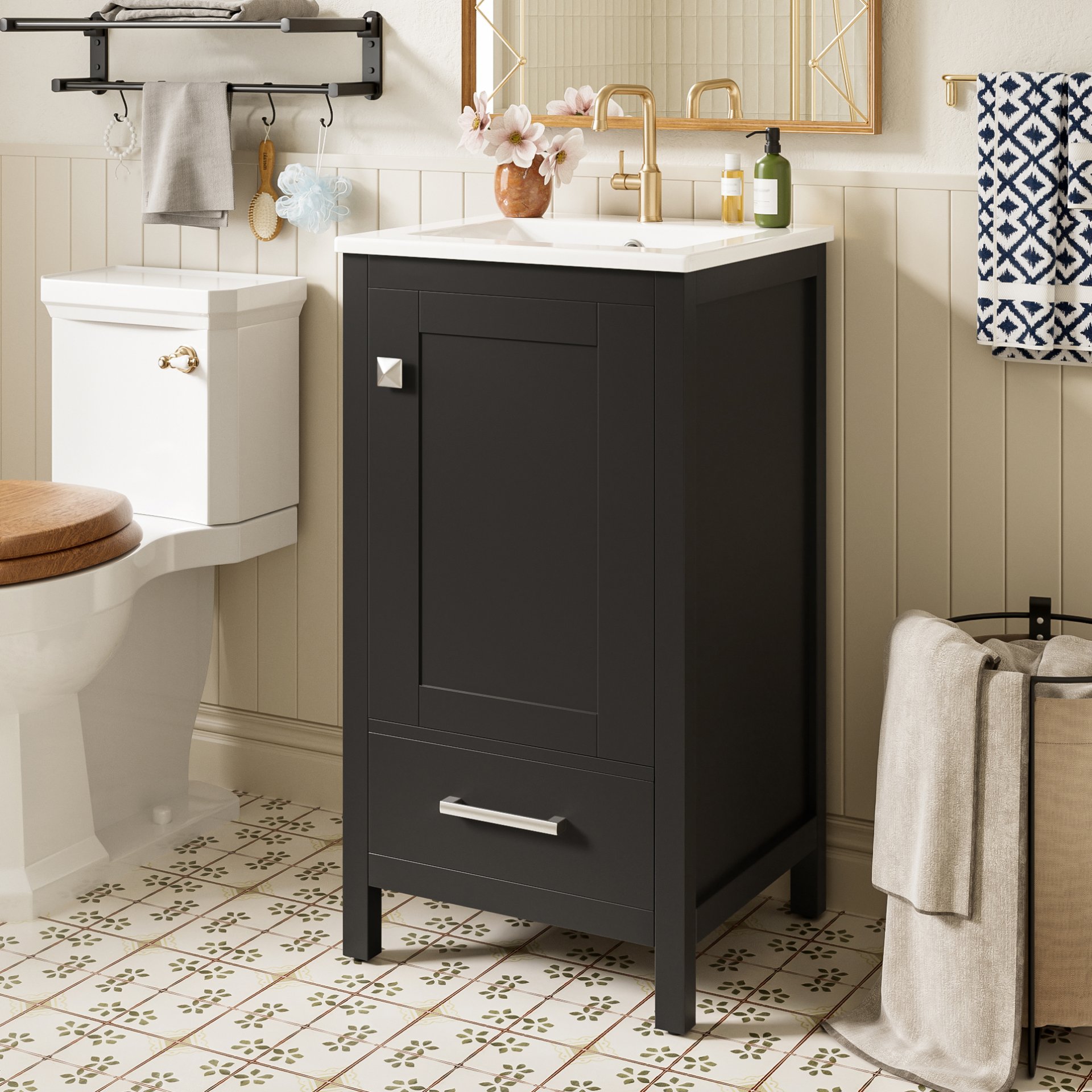 18" Bathroom Vanity With Sink, Soft Close Drawers, Door Organizer, Divider Drawer, Adjustable Foot Pads - Black - Image 4