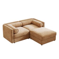 Modern Stylish Chenille 2 Seater Sofa With Ottoman Storage And Cylindrical Backrest - Camel