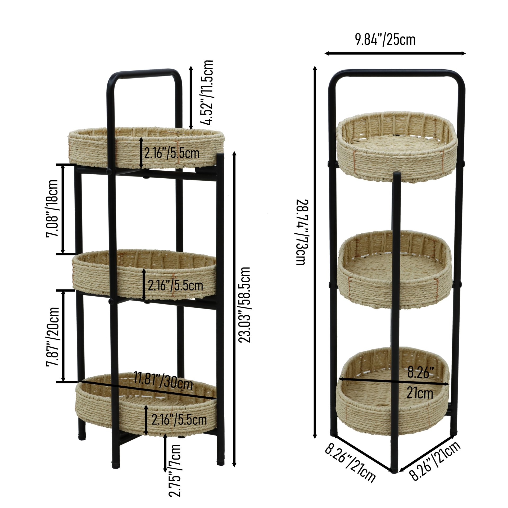 Farmhouse Style 3 Tiers Tray Tables Paper Rope Woven Side Table With Oval Storage Basket - Natural - Image 3