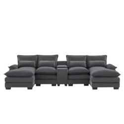 Modern U Shaped Sofa With Console, Cupholders And USB Ports, 6 Seat Upholstered Symmetrical Indoor Furniture, Sleeper Couch Set With Chaise - Gray