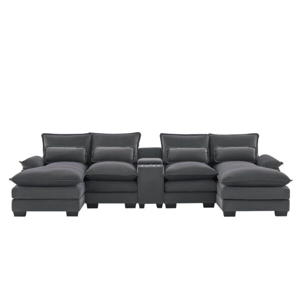 Modern U Shaped Sofa With Console, Cupholders And USB Ports, 6 Seat Upholstered Symmetrical Indoor Furniture, Sleeper Couch Set With Chaise - Gray