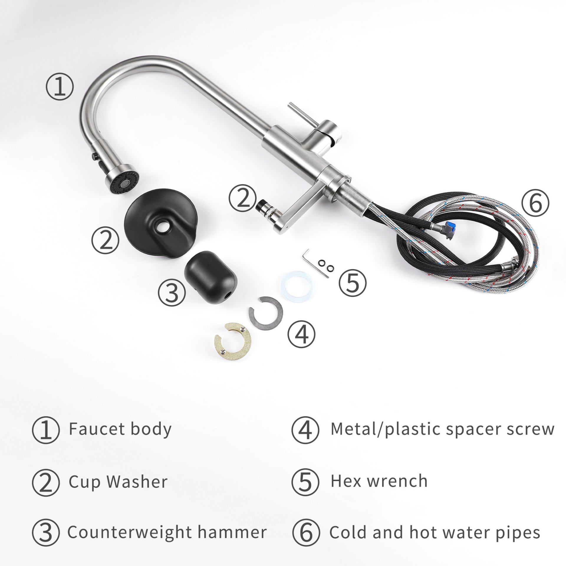 3 In 1 Kitchen Faucet With Press Type Glass Rinser, High Arc Pull Down Sprayer, 3 Function Spray Mode - Brushed Nickel - Image 9