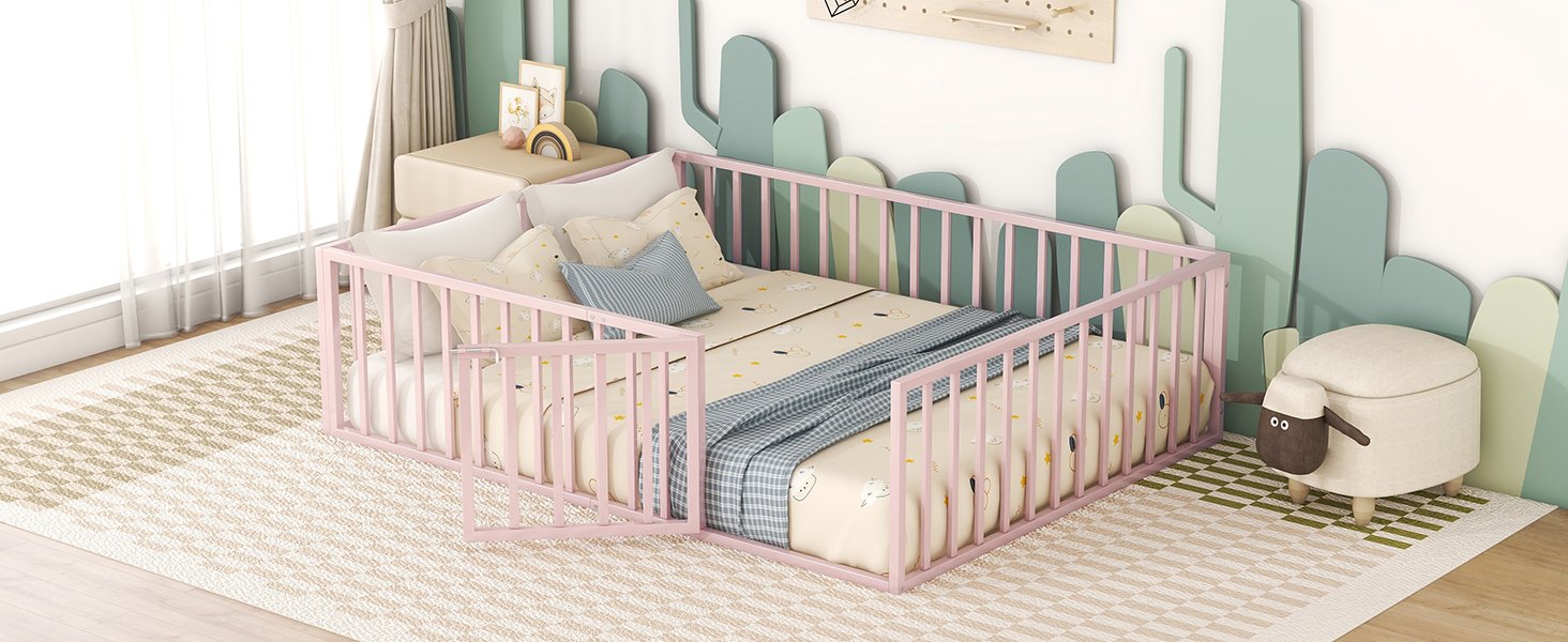 Queen Size Floor Bed Frame With Fence And Door - Pink - Image 15