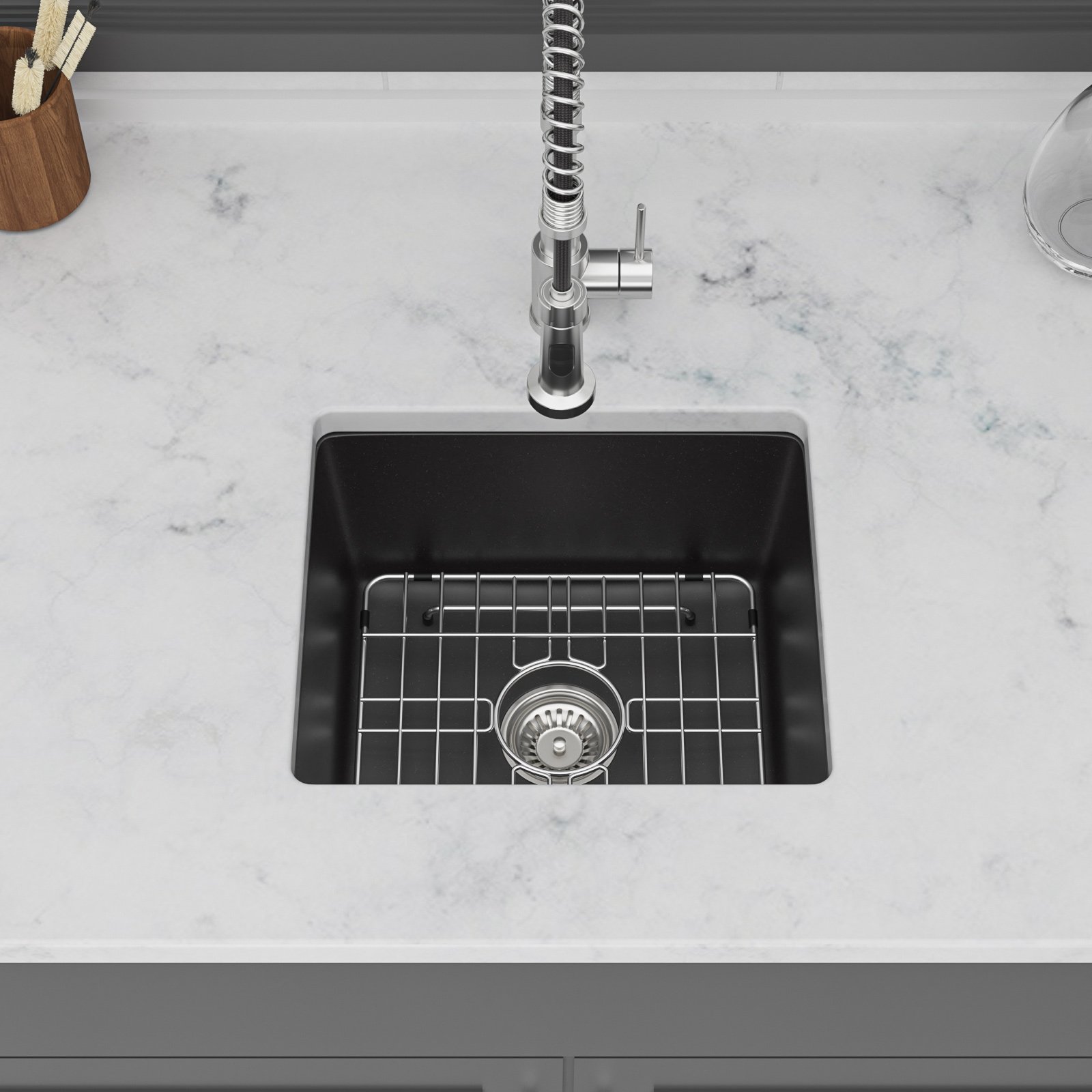 Undermount Single Bowl Kitchen Sink, With Durable Non Porous Surface - Black - Image 4