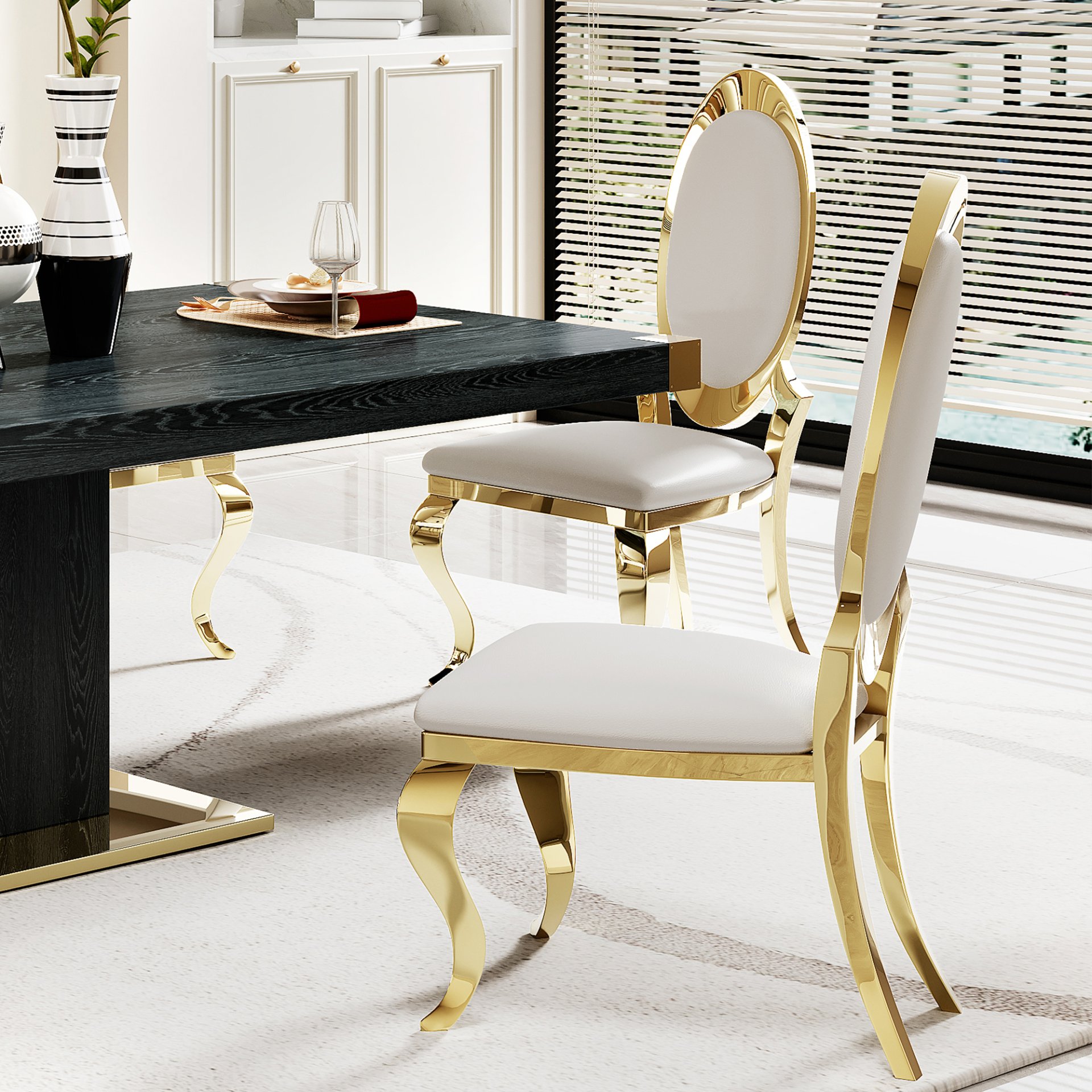 Top Dining Table With Gold Finish Corner, Pillar And Gold Finish Stainless Steel Base - Black - Image 8