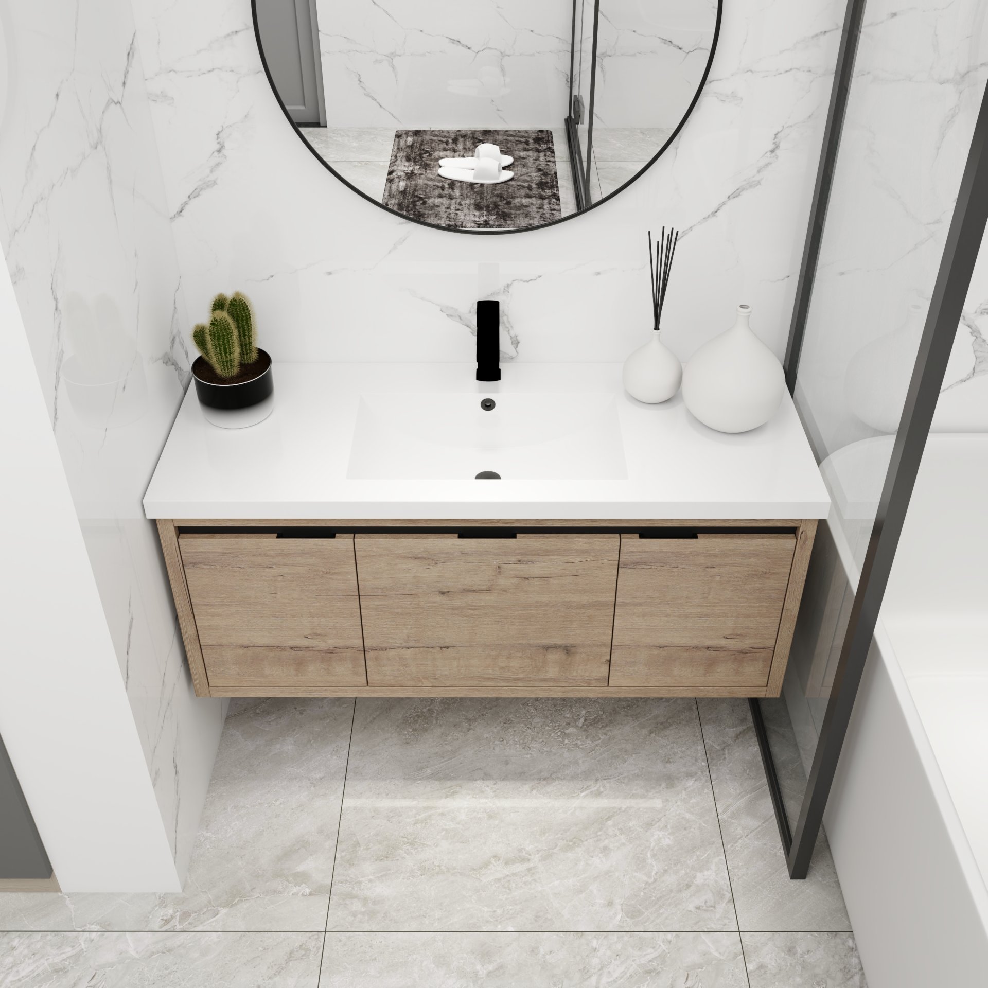 Modern Floating Bathroom Vanity Cabinet With Resin Sink Soft Close Doors And Drawer - Imitative Oak - Image 6