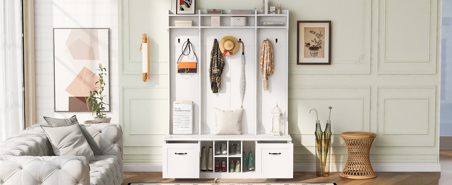 5 In 1 Entryway Bench With Coat Rack, 7 Sturdy Hooks, 2 Spacious Drawers And Adjustable Shelves, Wide Hall Tree With Metal Handles For Hallway - White - Image 9