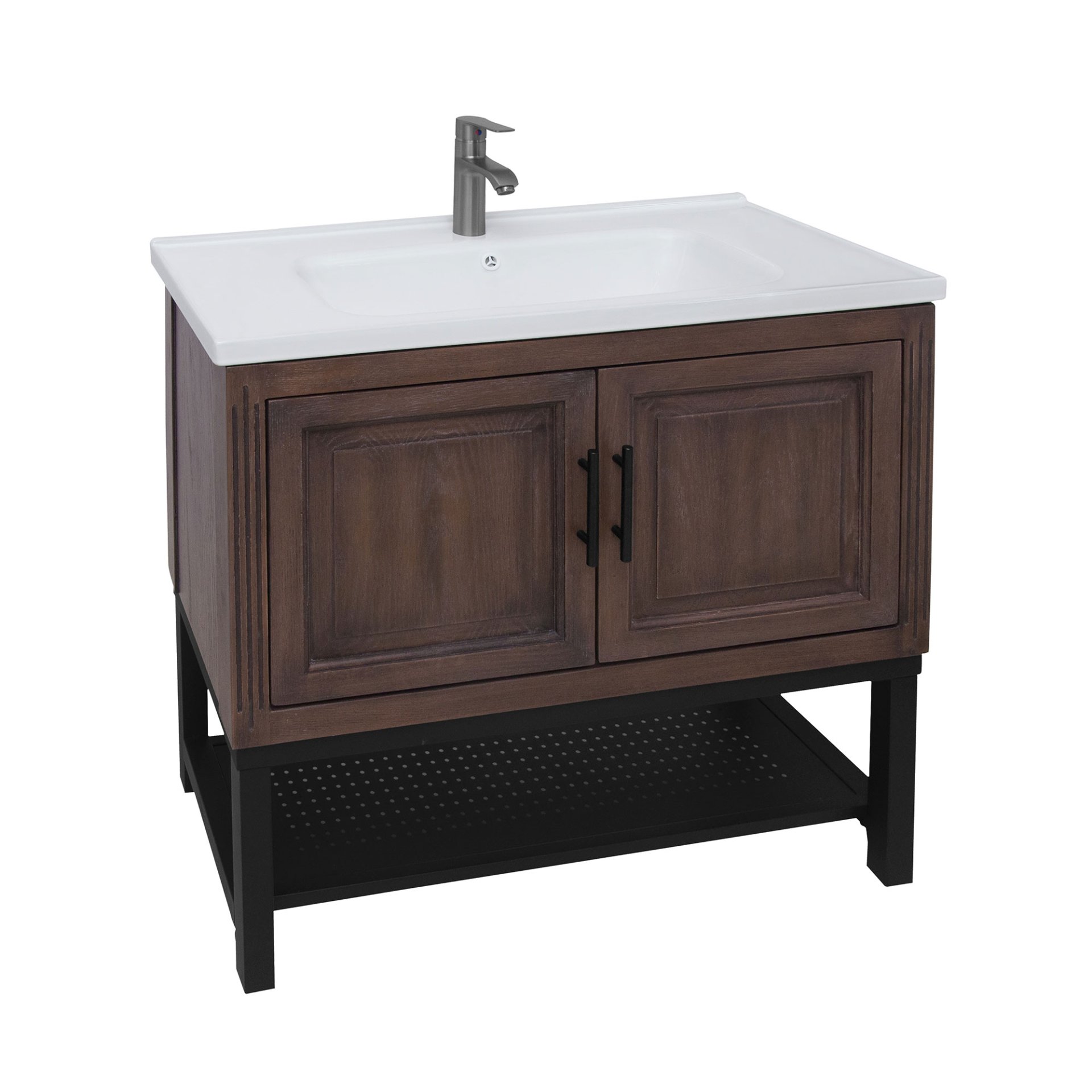 Modern Freestanding 36" Bathroom Vanity With Ceramic Sink, Hot And Cold Faucet, 2 Door Cabinet & Open Iron Shelf - Walnut - Image 8