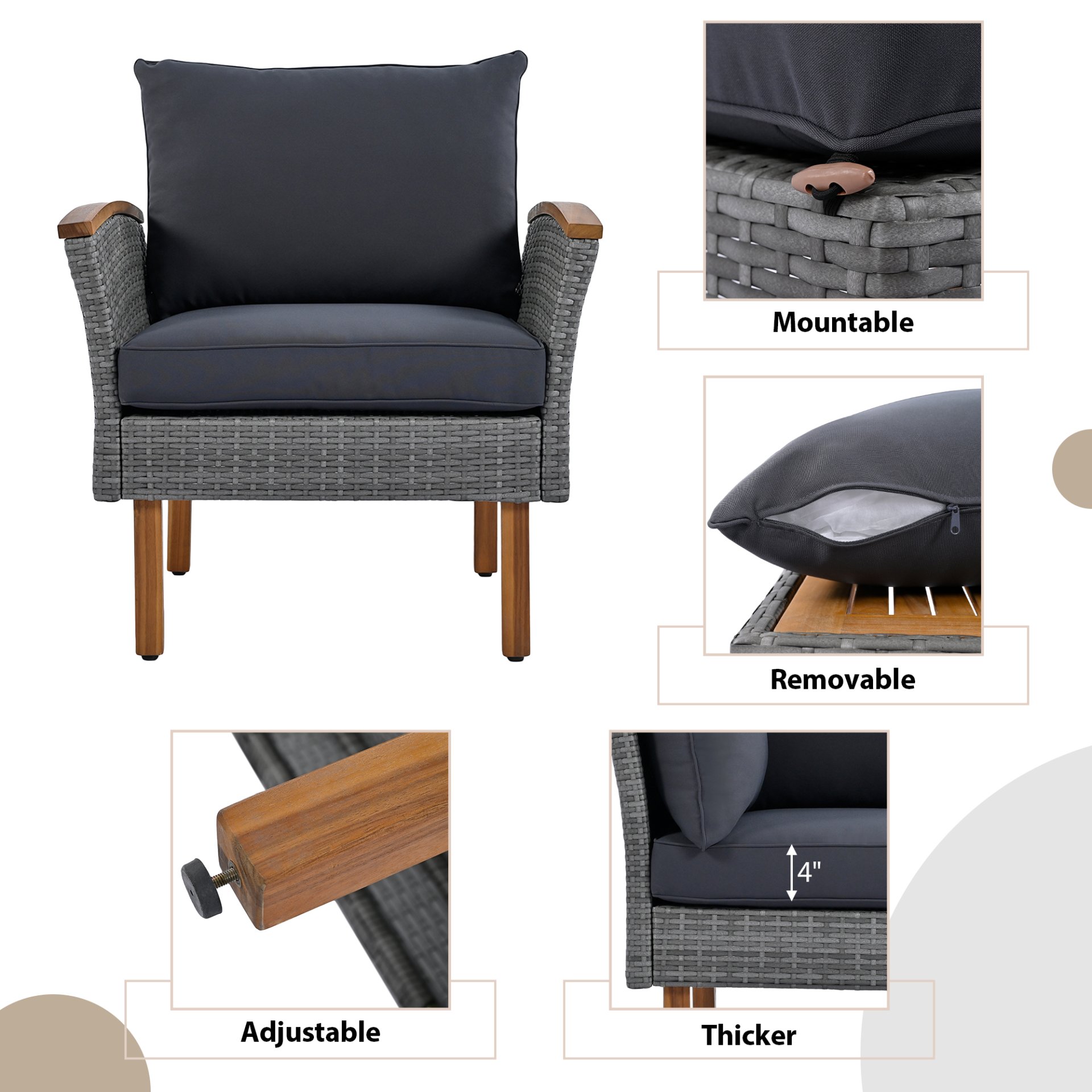 9 Piece Patio Rattan Furniture Set, Outdoor Conversation Set With Acacia Wood Legs And Tabletop, PE Rattan Sectional Sofa Set With Coffee Table, Washable Cushion - Gray - Image 5