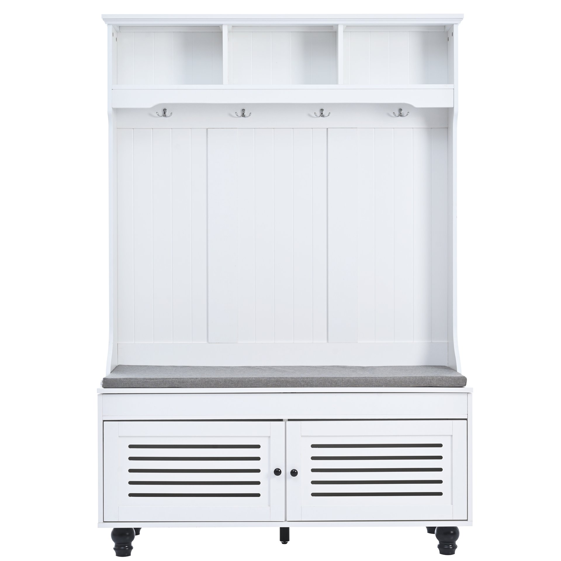 5 In 1 Entryway Bench With Shutter - Shaped Doors, Coat Rack, Cushion And 4 Sturdy Hooks, Wide Hall Tree With Storage Bench For Hallway, Entryway, Living Room - White - Image 13