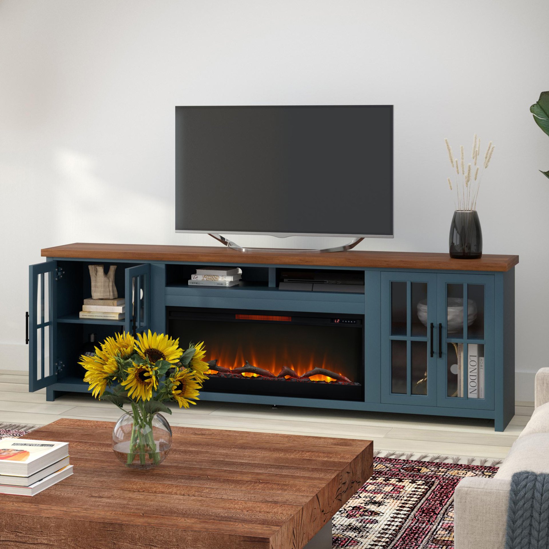 Nantucket - Fireplace TV Stand Console For TVs Up To 100" - Blue Denim, Whiskey - Image 5