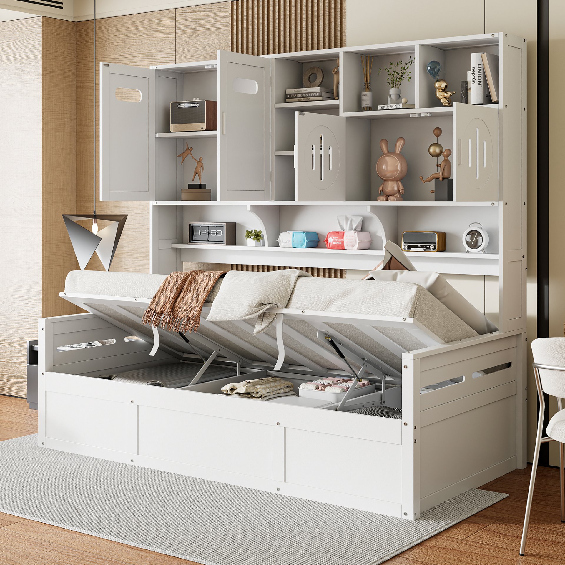 Twin Size Wooden Daybed With Hydraulic Bed And All In One Cabinet And Shelf - White - Image 2