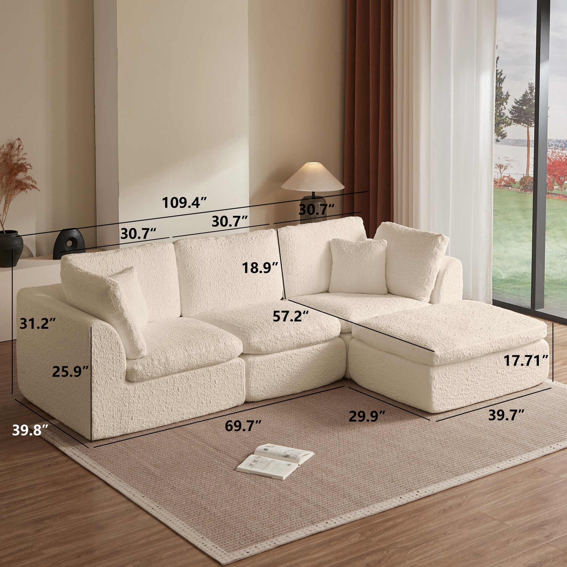 Cloud L Shape Modular Sectional Sofa With Ottoman, 3 Seater Convertible Couch - Beige - Image 3
