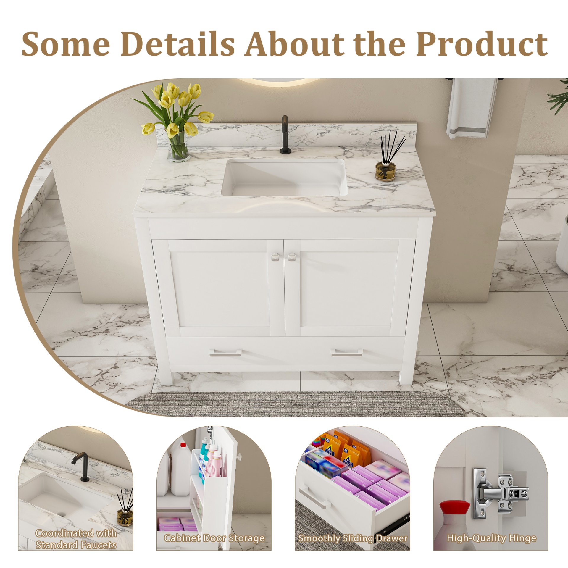 43" Bathroom Vanity, Multi Functional Cabinet - White - Image 9
