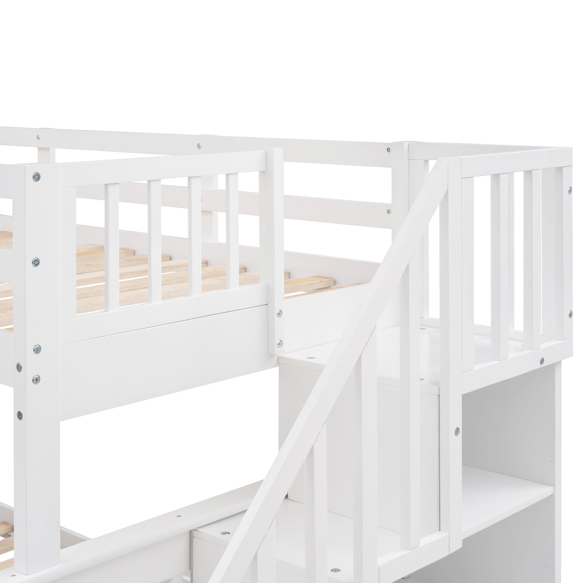 Twin Over Full Bunk Bed Stairway With Storage And Guard Rail For Bedroom - White - Image 12