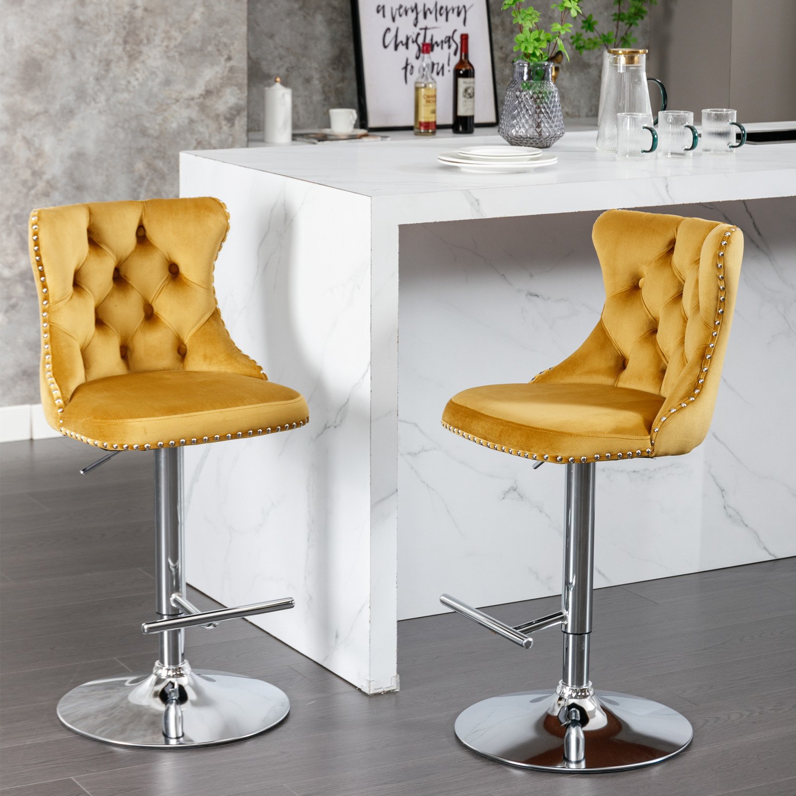 Swivel Velvet Barstools Adjusatble Seat Height From 25-33", Modern Upholstered Chrome Base Bar Stools With Backs Comfortable Tufted For Home Pub And Kitchen Island (Set of 2) - Gold - Image 13
