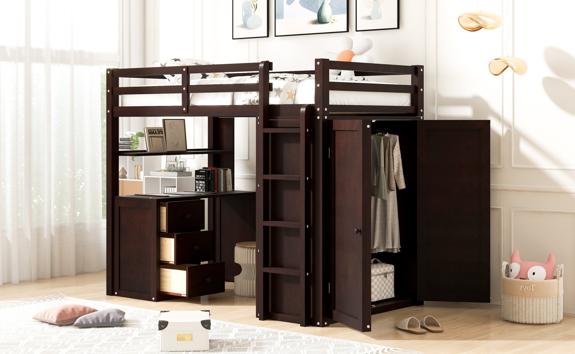 Twin Size Loft Bed With Drawers, Desk, And Wardrobe - Espresso - Image 4