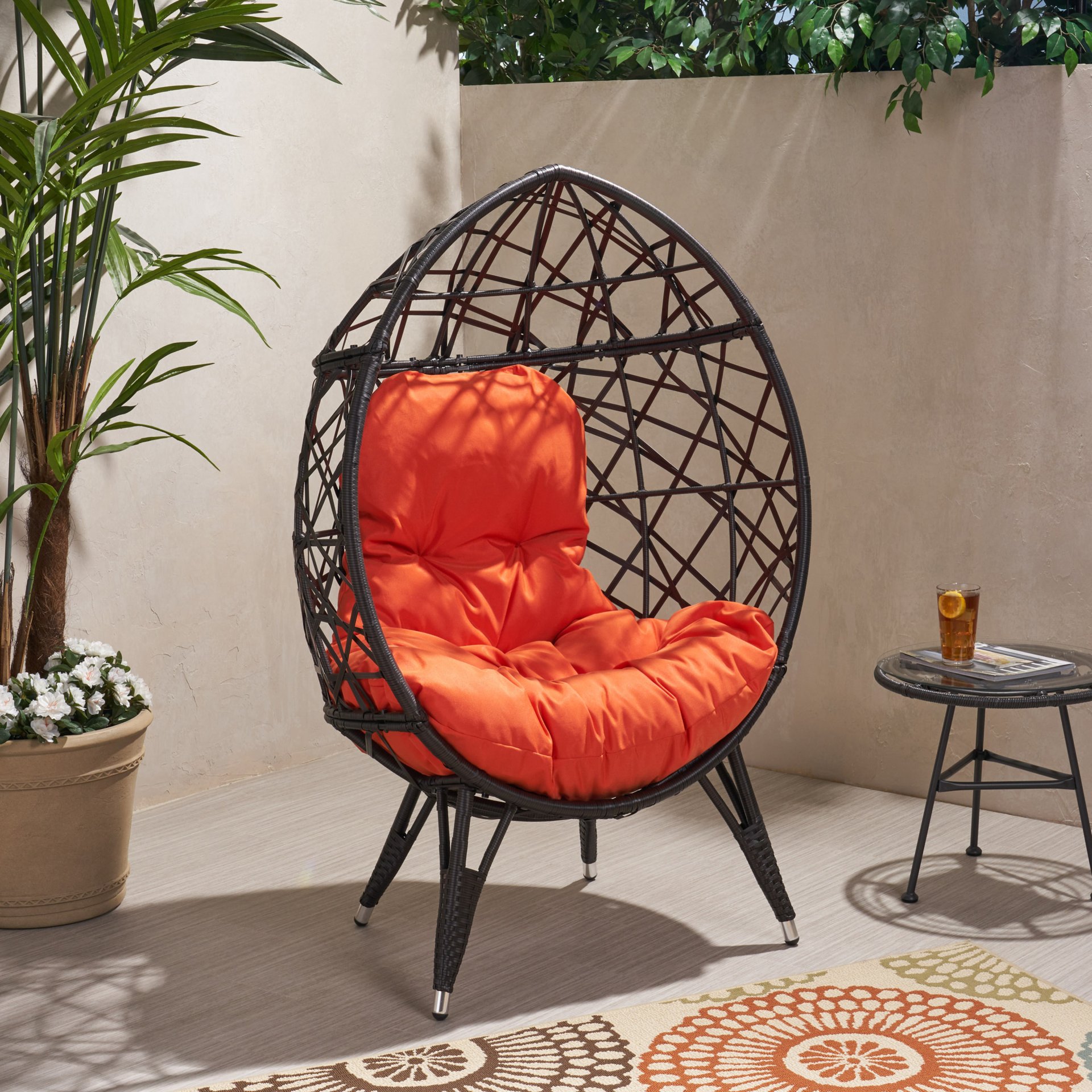 Outdoor Wicker Teardrop Chair With Cushion - Orange / Brown - Image 9