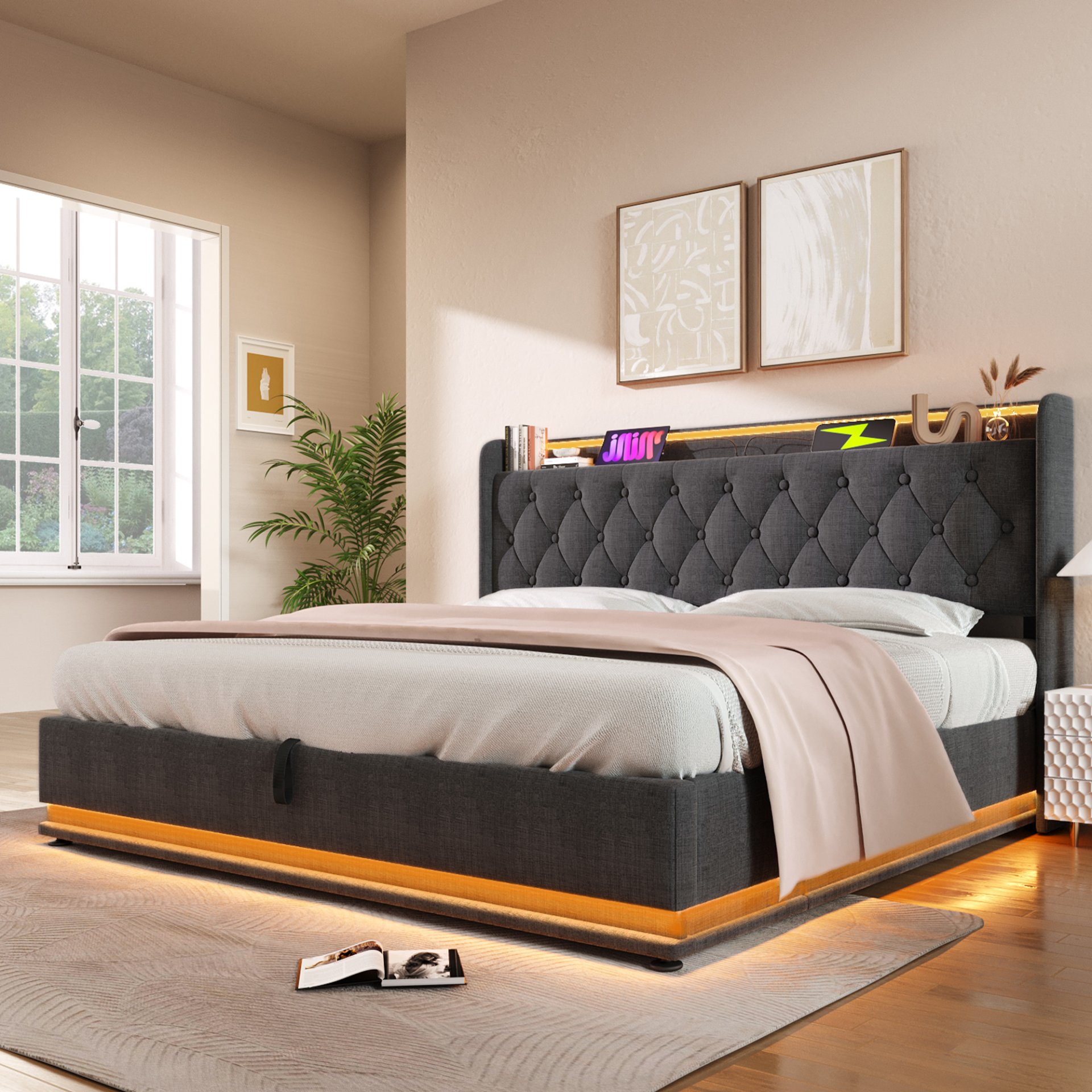 Full Size Upholstered Bed, 360 Surround LED Function, Buttons / Apps / Remote Control, Hydraulic Storage Bed With USB Type-C Charging (Without Mattress) - Gray - Image 15